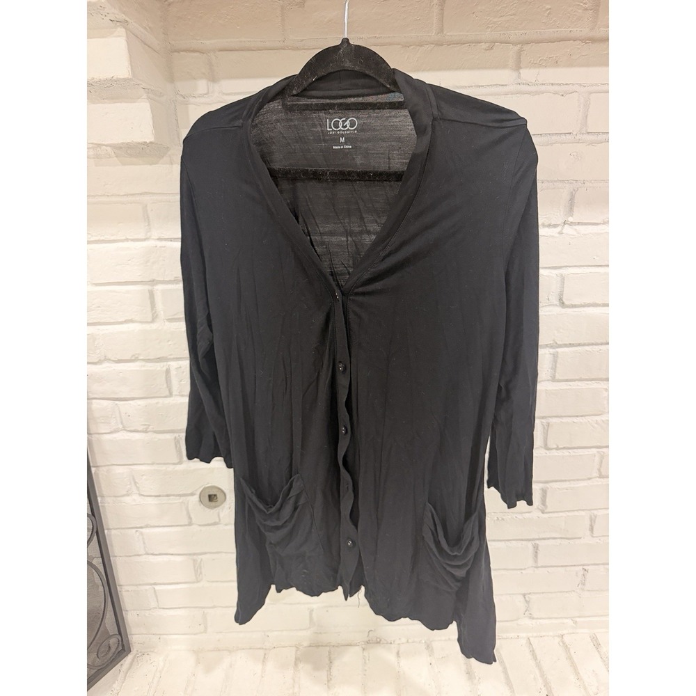 LOGO by Lori Goldstein 3/4 sleeve cardigan button solid black size medium